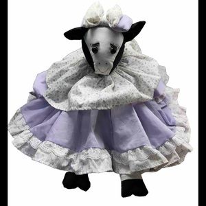 VTG handmade Fancy Folk Art Cow Plush Doll  Eyelashes  petticoat Dress bloomers